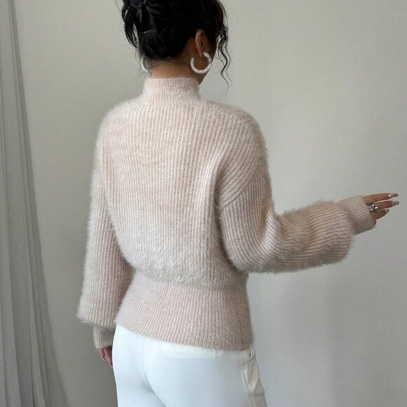 Apricot Casual Women's Stand Collar Bow Decor Sweater - Picture 3 of 7